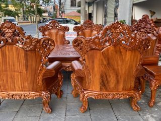 mẫu bàn ghế hoàng gia gỗ gõ đỏ đục 2 mặt