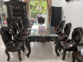 bàn ghế ăn hoàng gia gỗ mun hoa lào
