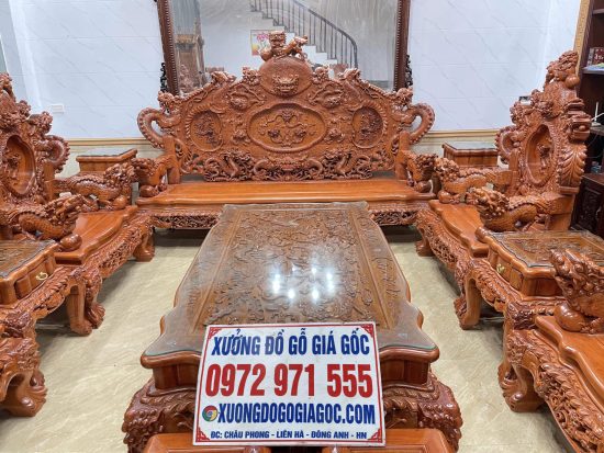 bộ bàn ghế rồng đỉnh gỗ hương đỏ Lào