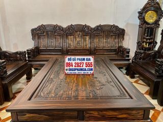 bàn ghế như ý phun sơn bóng giữ màu trần gỗ mun hoa Lào