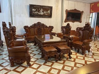 bộ bàn ghế louis hoàng gia gỗ gõ đỏ phun sơn PU