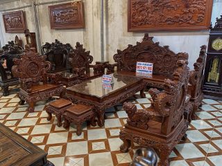 bộ bàn ghế rồng đỉnh gỗ hương đỏ Lào cao cấp