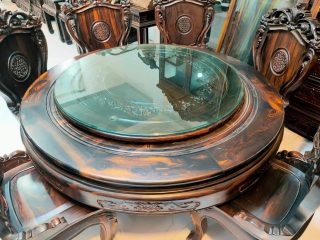 bàn ăn tròn mâm xoay gỗ mun hoa