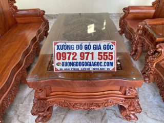 Bàn trà nguyên khối gỗ hương đá đục hoa lá tây