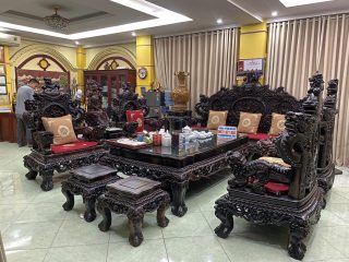 bàn ghế rồng đỉnh gỗ mun hoa Lào
