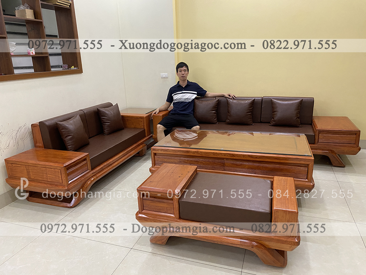 SFU1 Sofa chân thuyền bộ góc gỗ hương đá (Em Trung, Hà Nội)