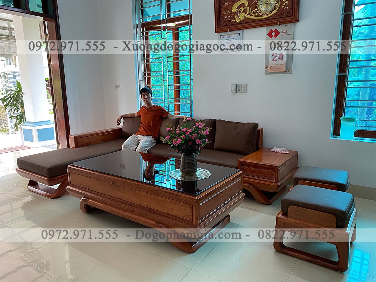Sofa góc L gỗ tự nhiên